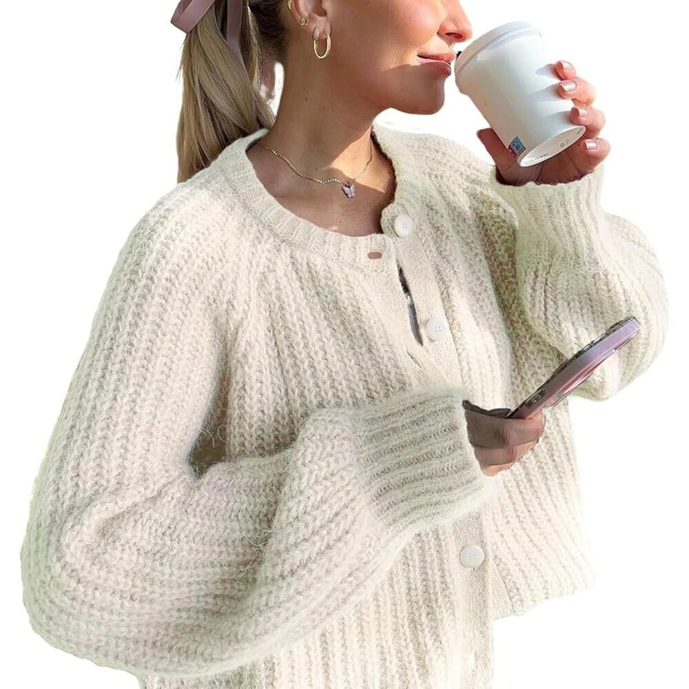 Women's Solid Color Long Sleeve Cardigan Polyester Round Neck Casual Sweater